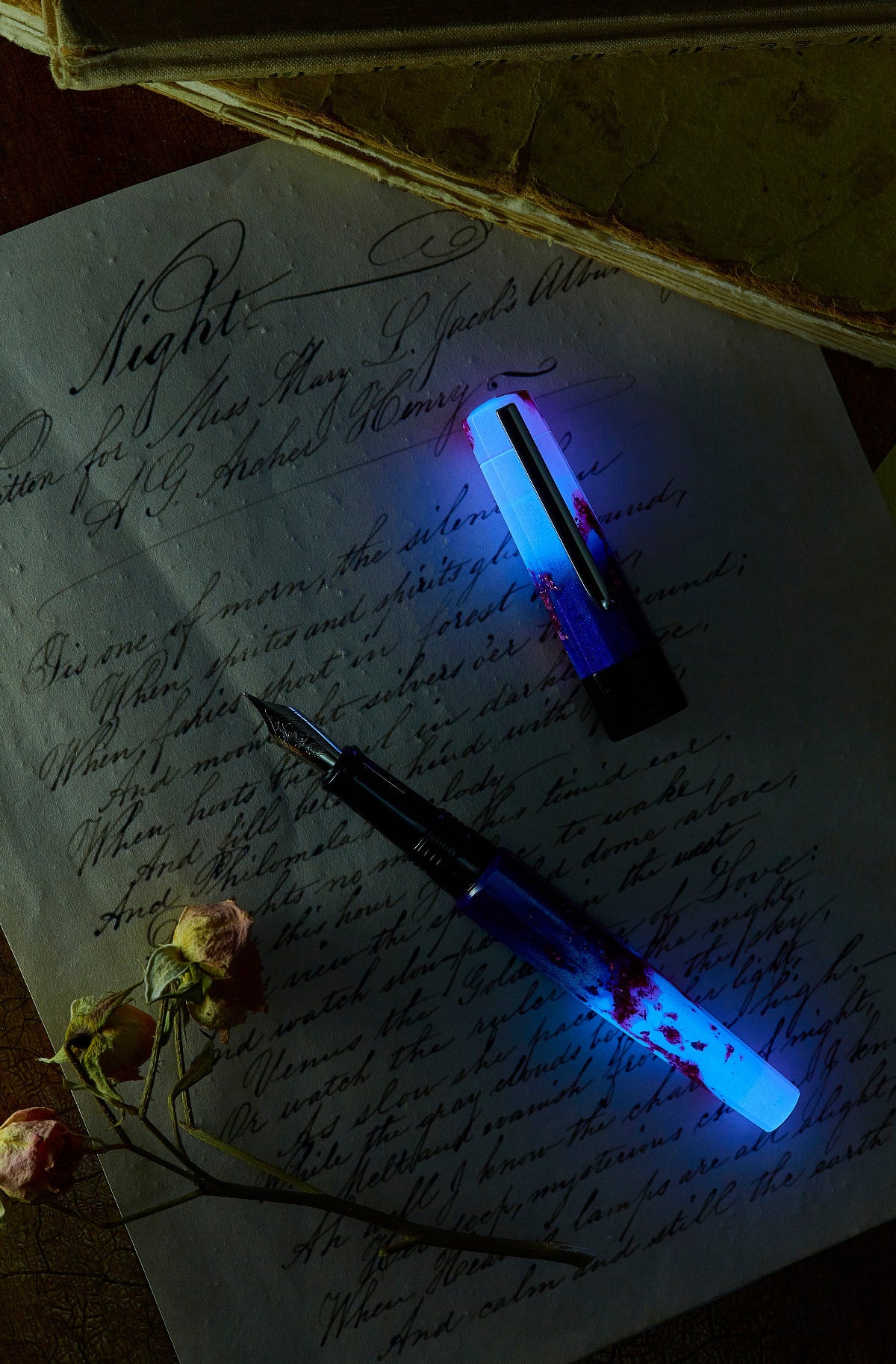 Glow-in-the-dark fountain pen, luminescent on a dark table surrounded by dried flowers on a handwritten letter.