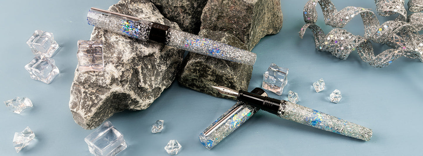 sparkling fountain pens with rocks