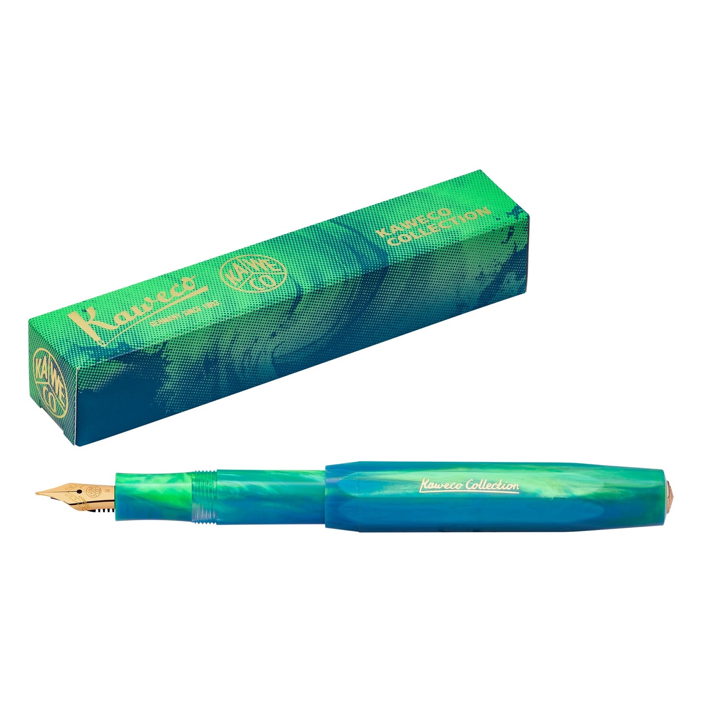 Kaweco Collection Sport Marble Ocean fountain pen displayed with its matching cardboard box