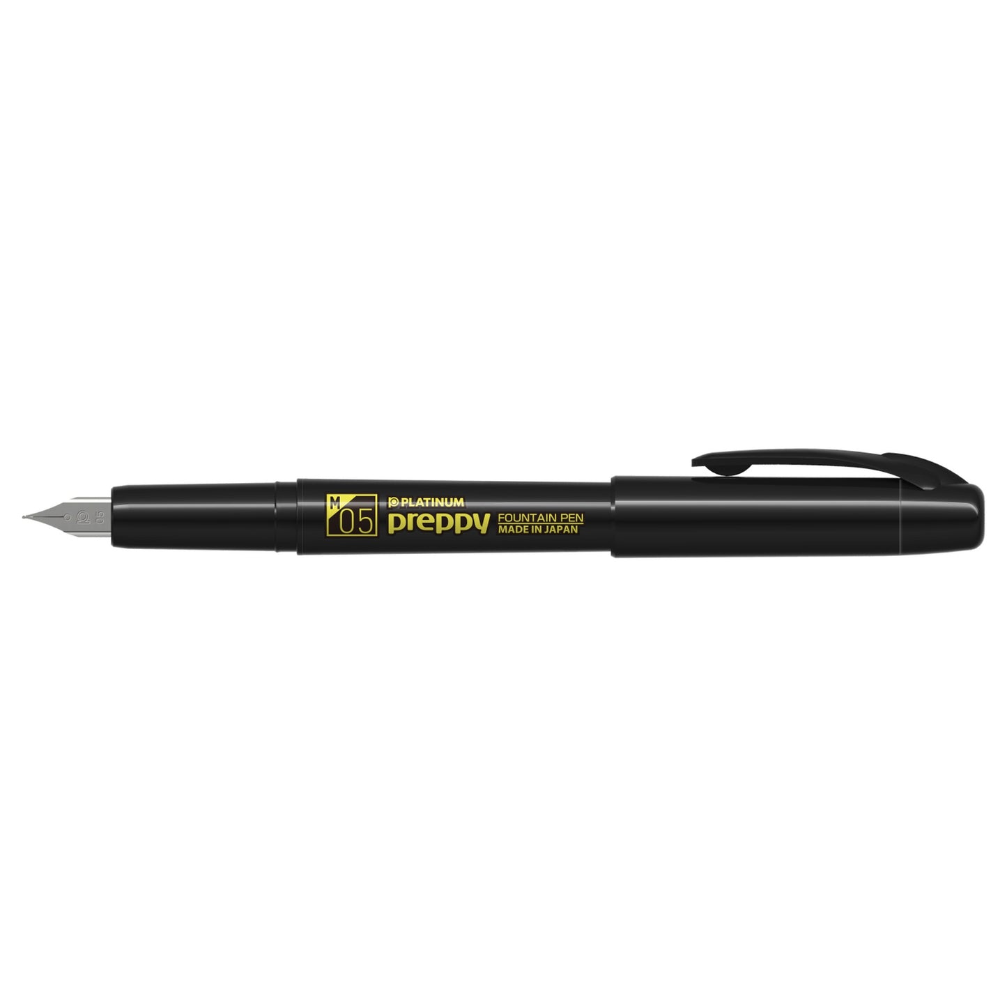 Platinum Preppy Black Edition fountain pen with yellow Medium 05 marking and cap posted