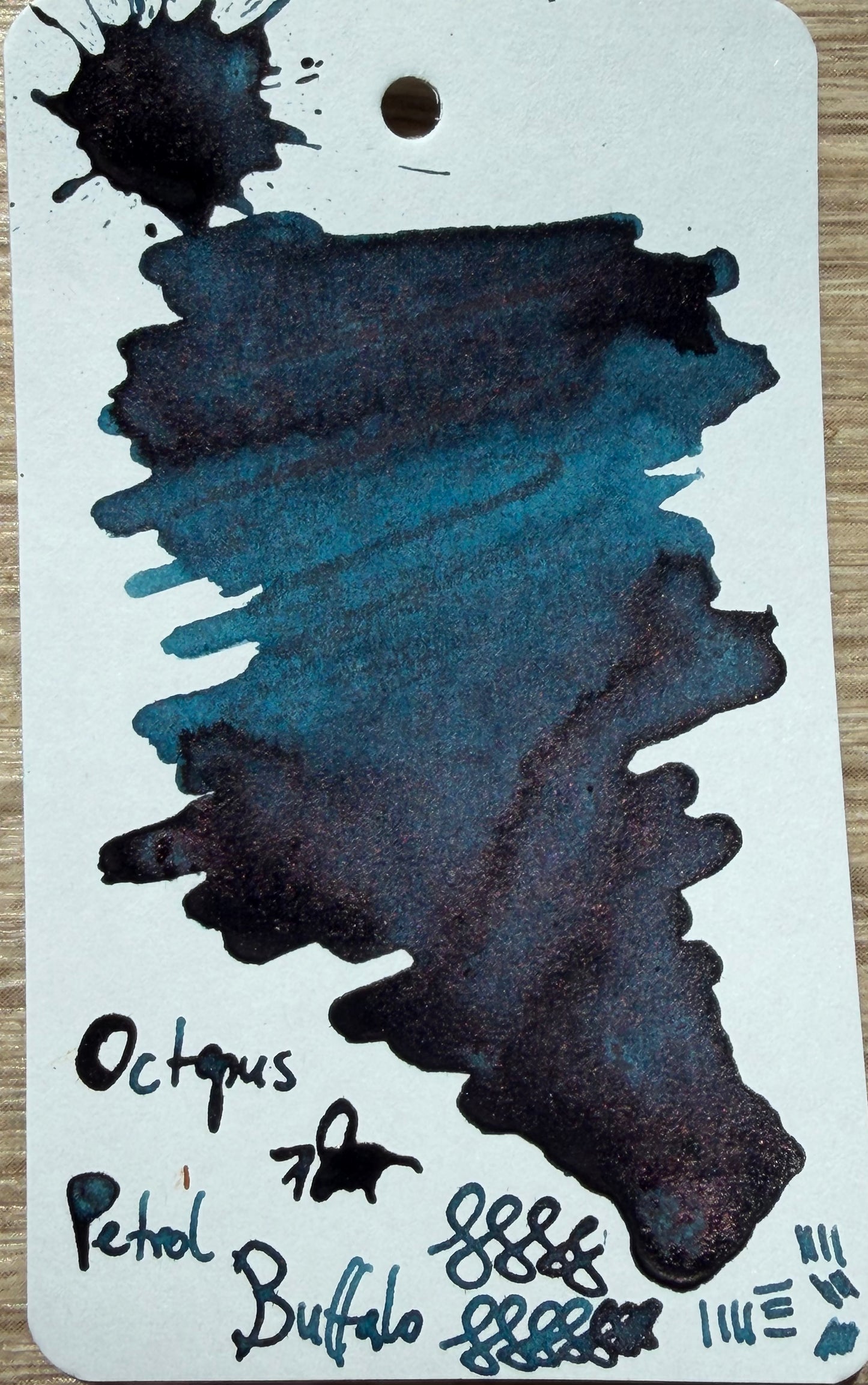 A swatch of petrol buffalo fountain pen ink
