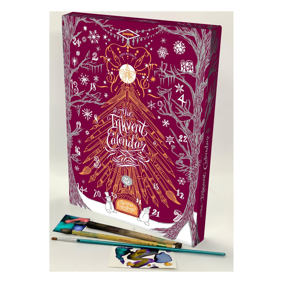 Diamine Inkvent Calendar 2026 Burgundy Edition, angled front view