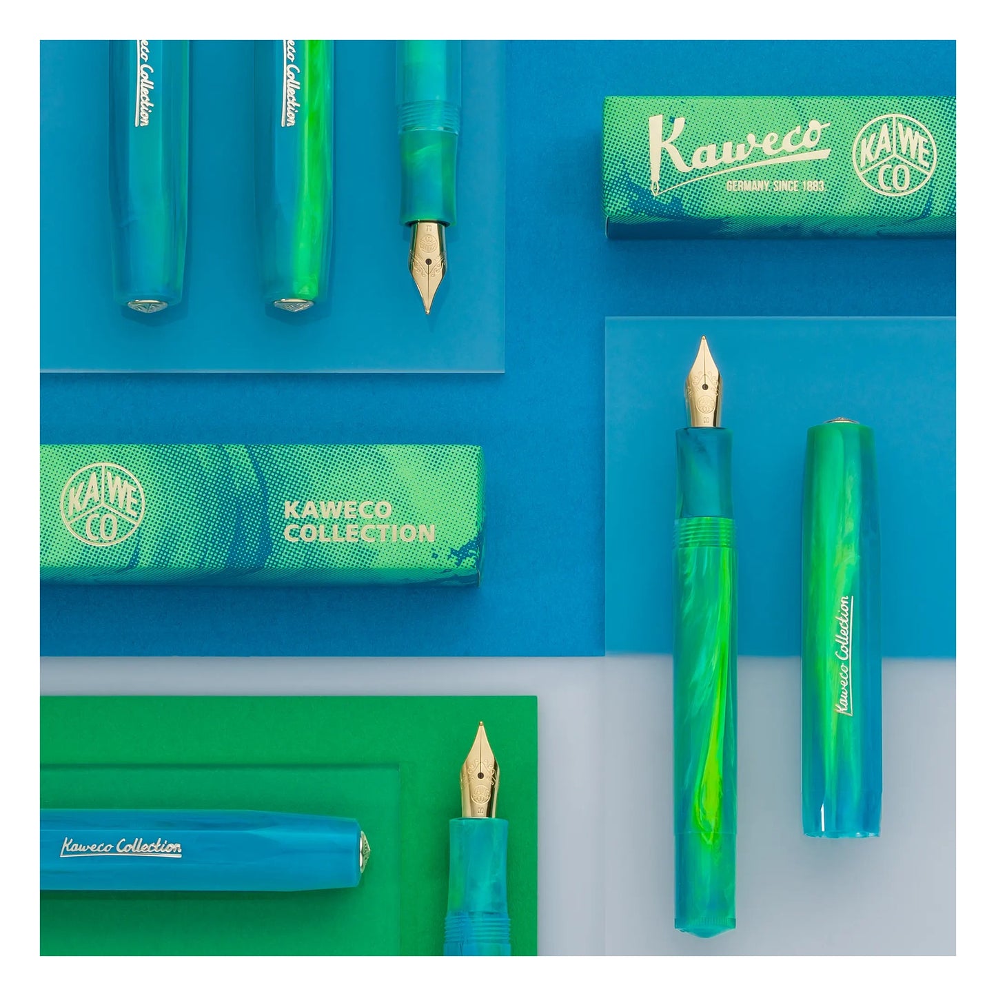 Kaweco Collection Sport Marble Ocean fountain pens in a blue and green flat lay