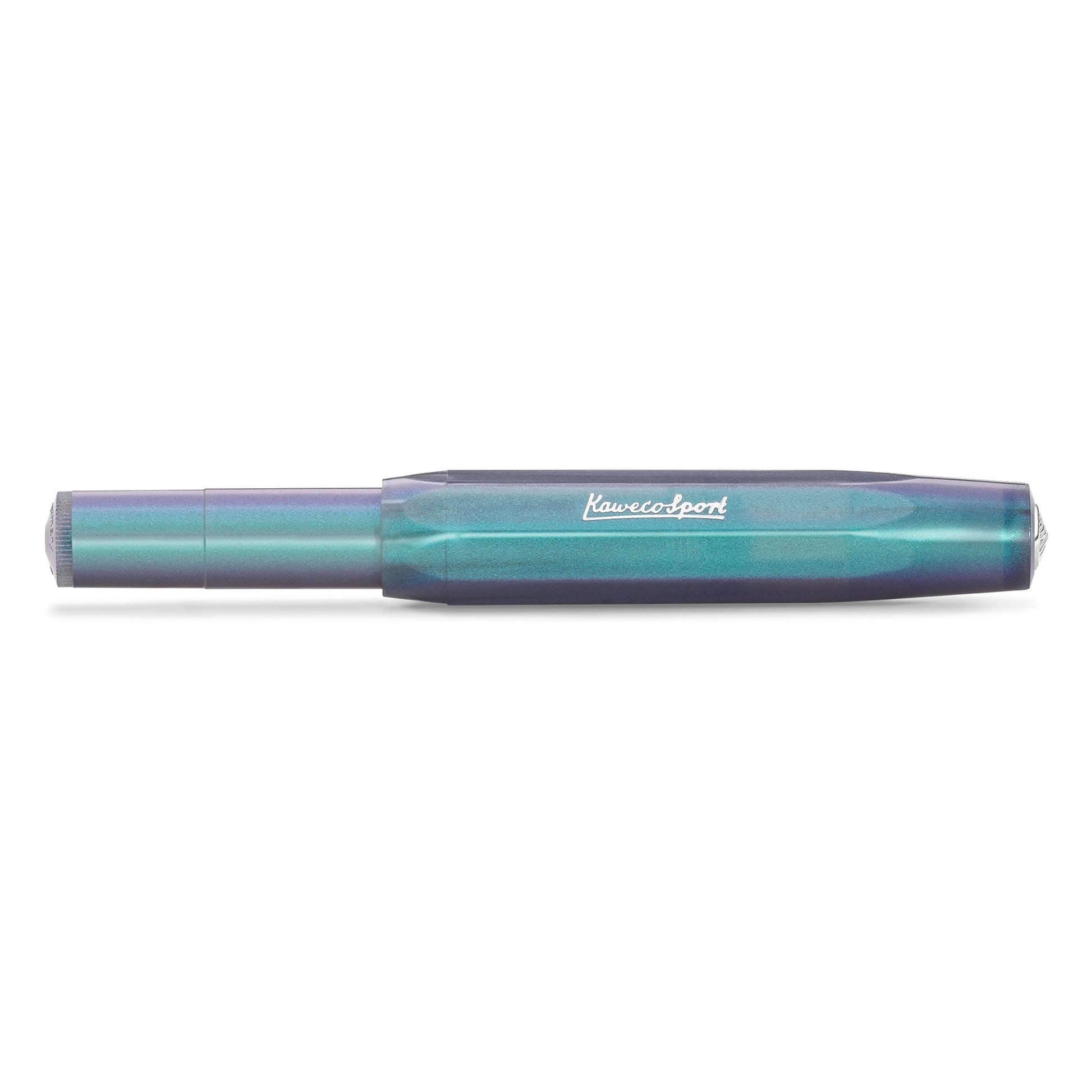 Kaweco Lunar Sport Shadow Blue fountain pen closed, showing the teal and purple iridescent finish