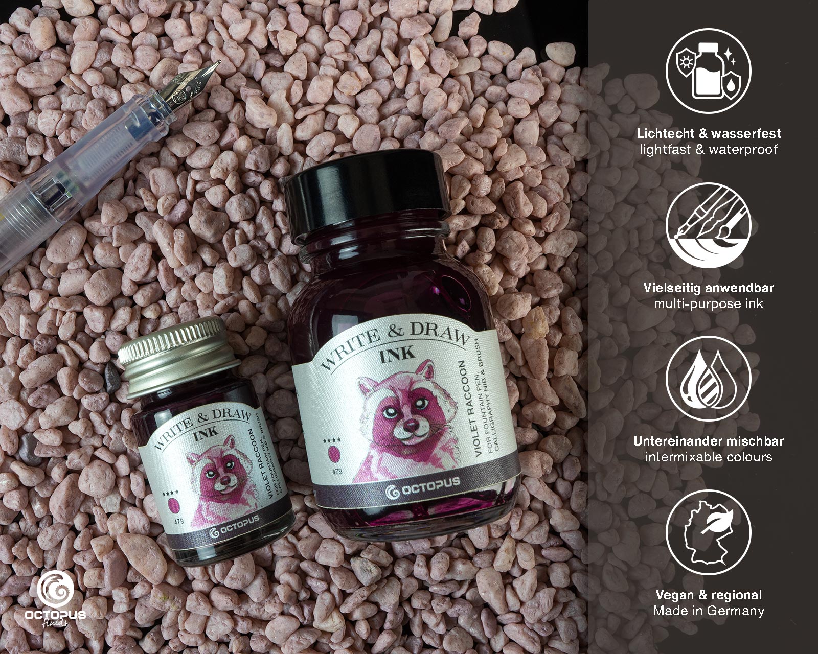 Octopus Write and Draw: Violet Raccoon – Bottle and Plume