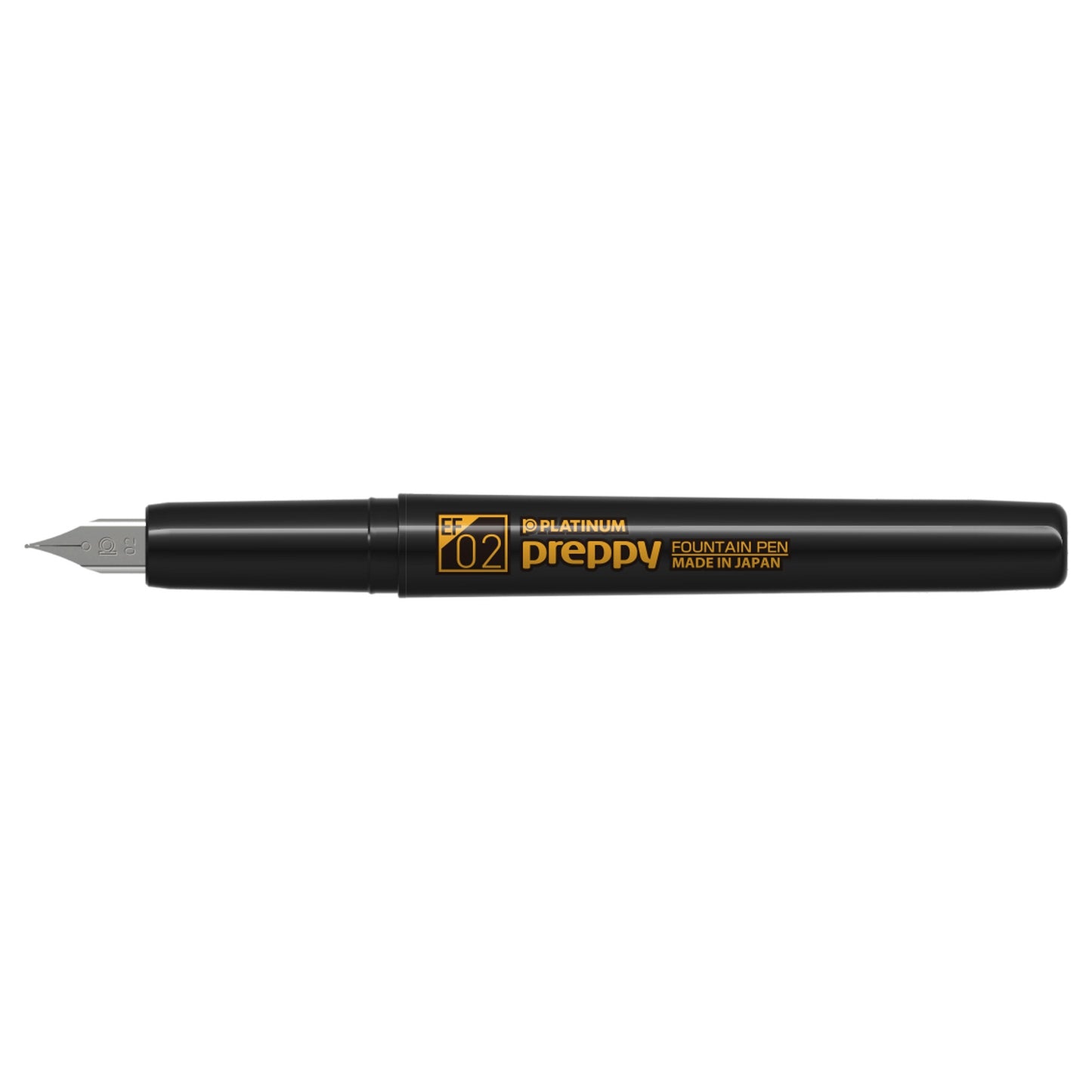 Uncapped Platinum Preppy Black Edition fountain pen with orange Extra Fine 02 marking