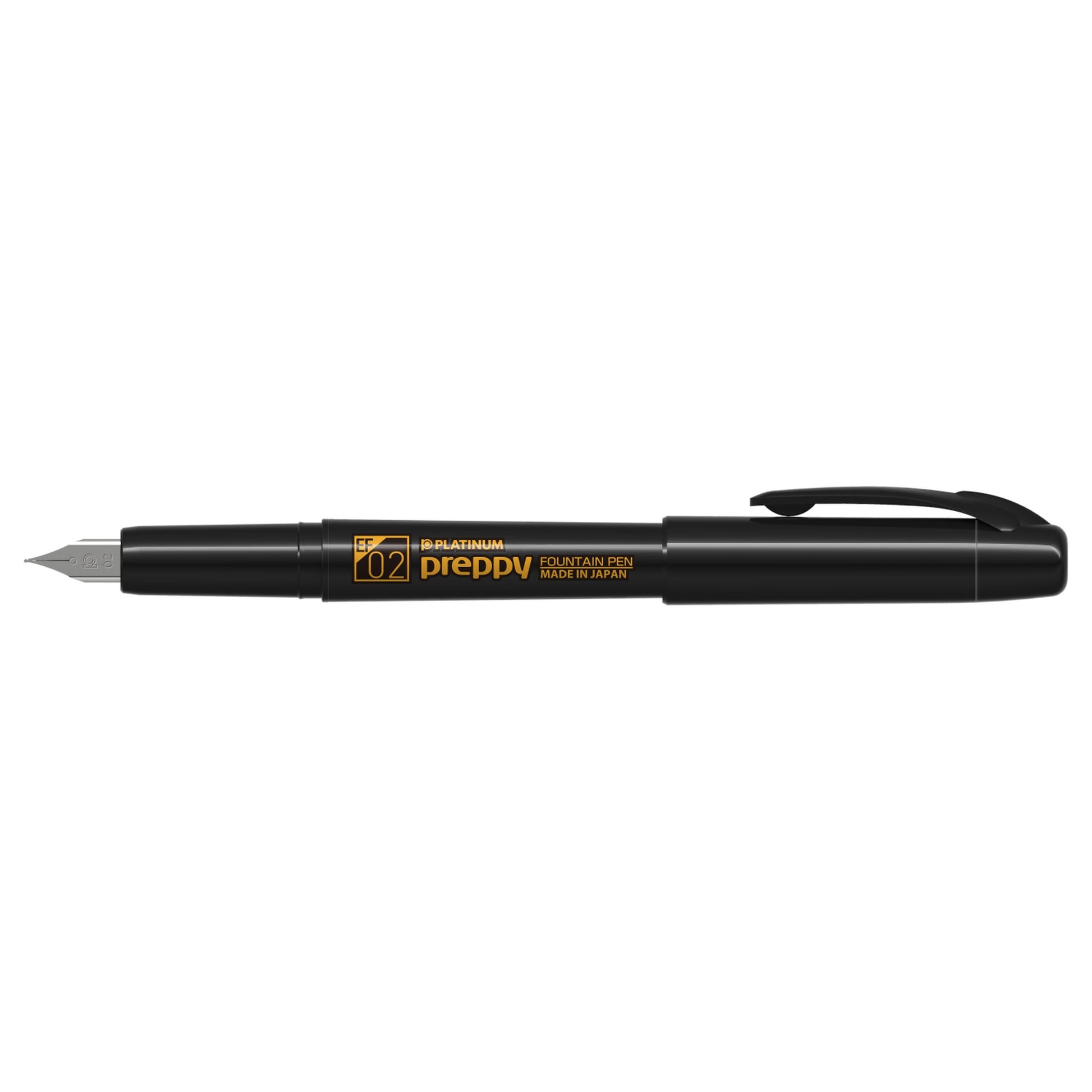 Platinum Preppy Black Edition fountain pen with orange Extra Fine 02 marking and cap posted