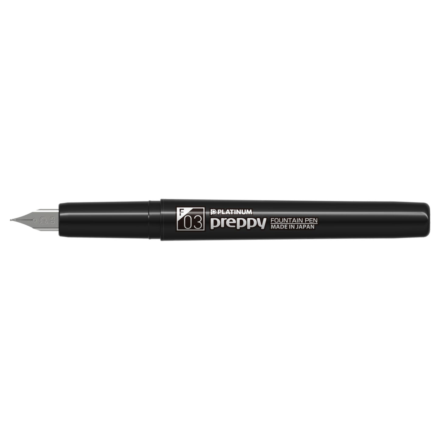 Uncapped Platinum Preppy Black Edition fountain pen with white Fine 03 marking