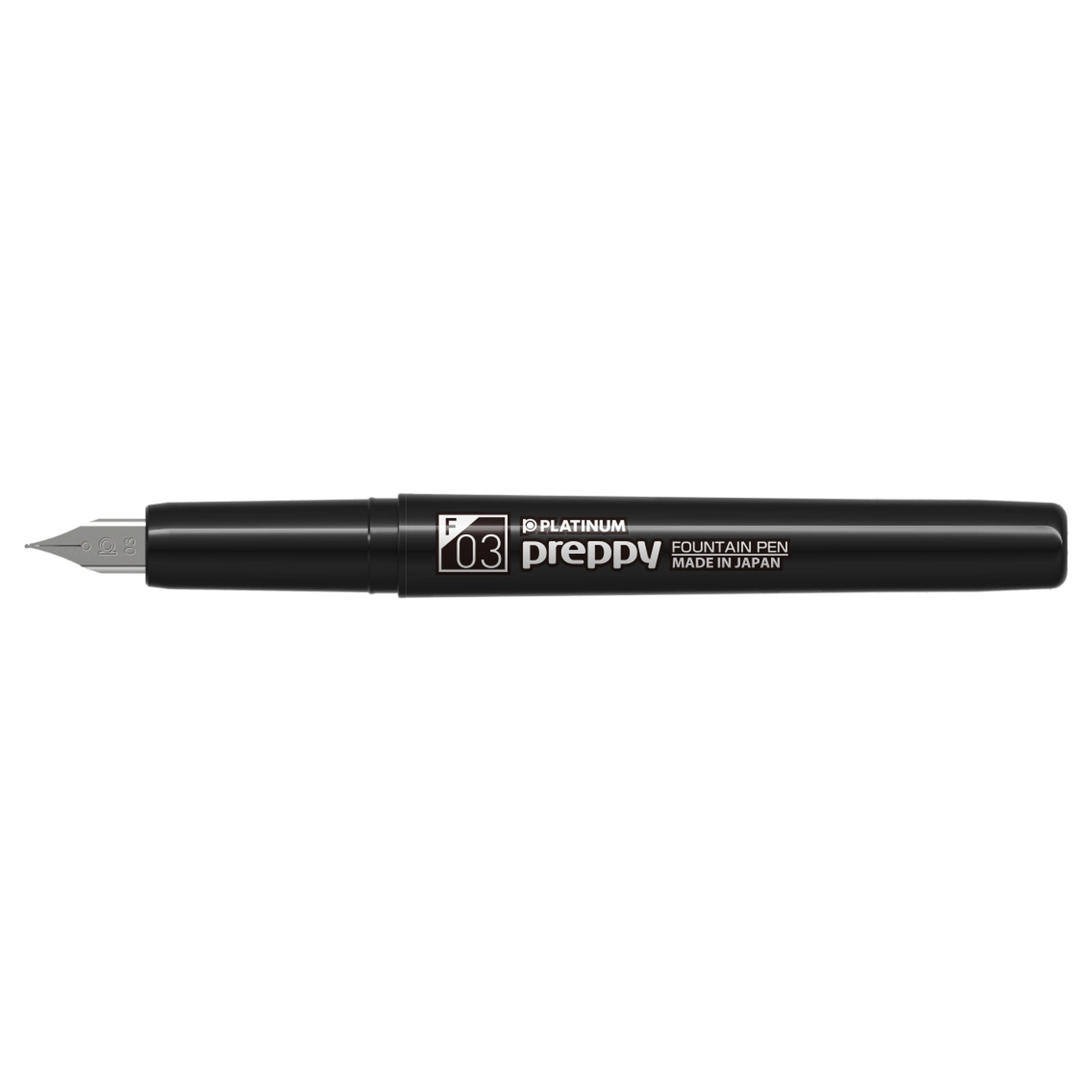 Uncapped Platinum Preppy Black Edition fountain pen with white Fine 03 marking