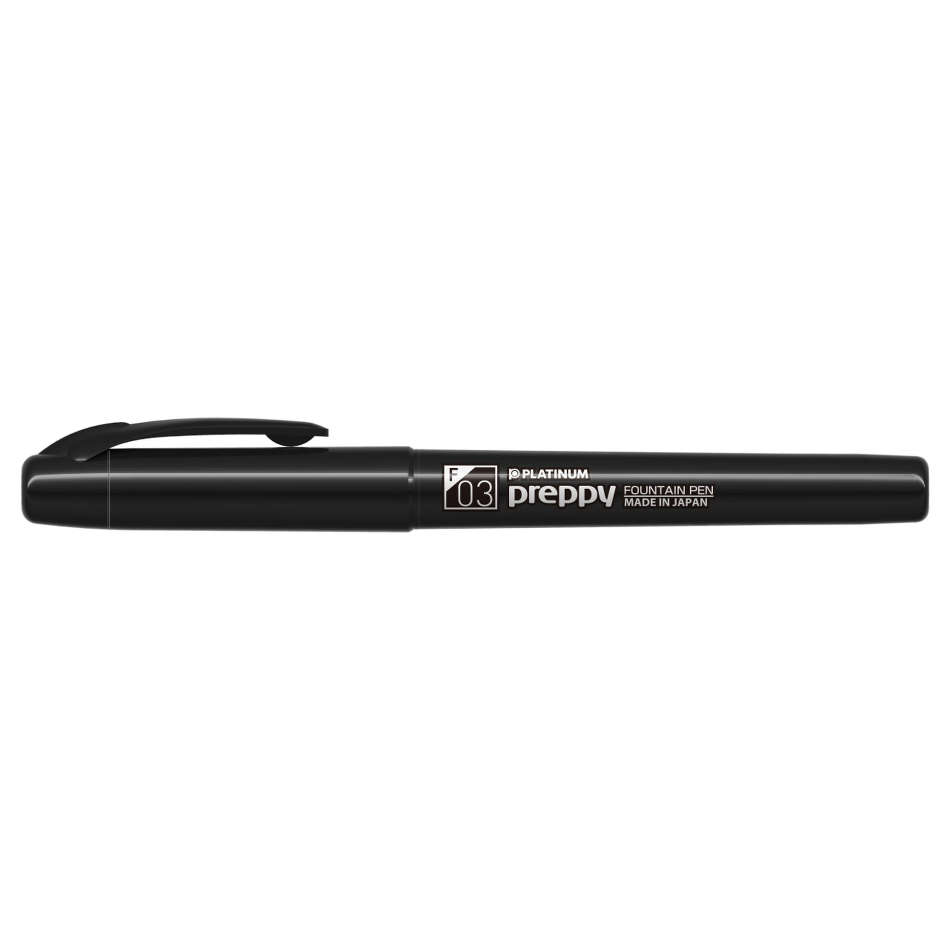 Capped Platinum Preppy Black Edition fountain pen with white Fine 03 marking