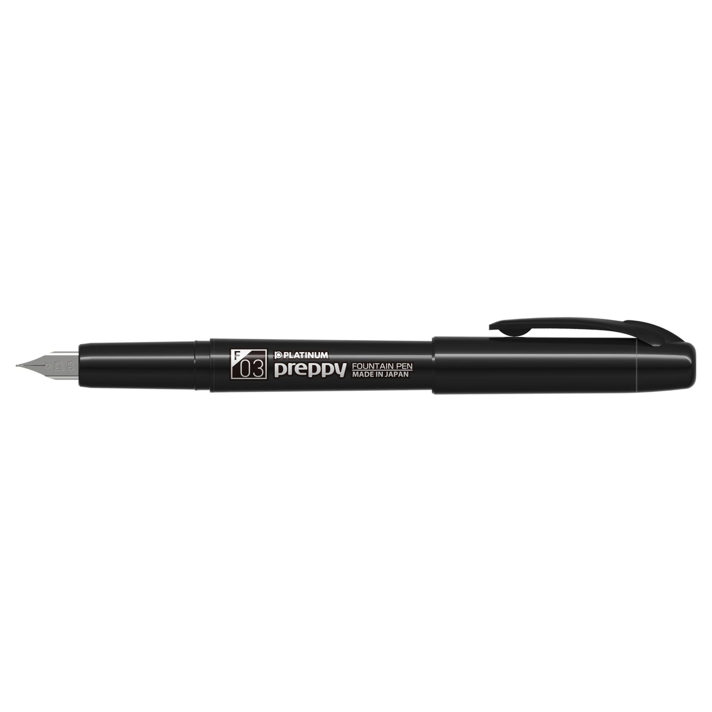 Platinum Preppy Black Edition fountain pen with white Fine 03 marking and cap posted