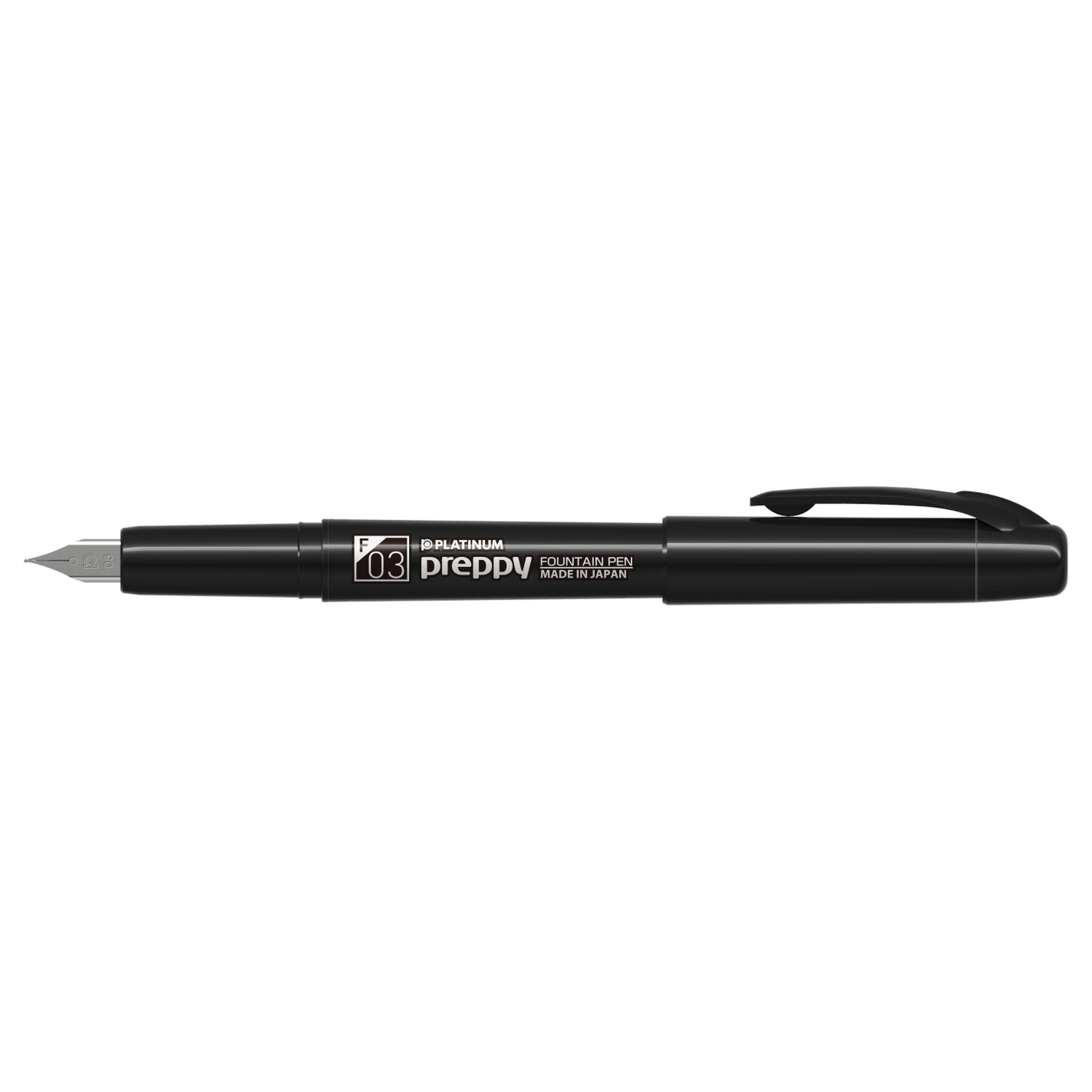 Platinum Preppy Black Edition fountain pen with white Fine 03 marking and cap posted