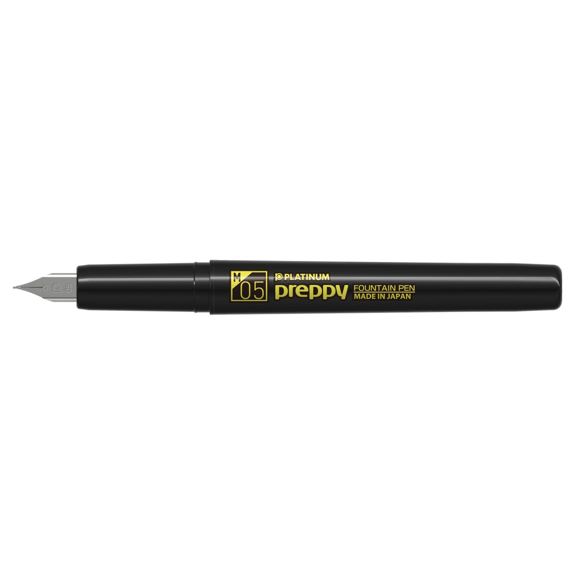 Uncapped Platinum Preppy Black Edition fountain pen with yellow Medium 05 marking