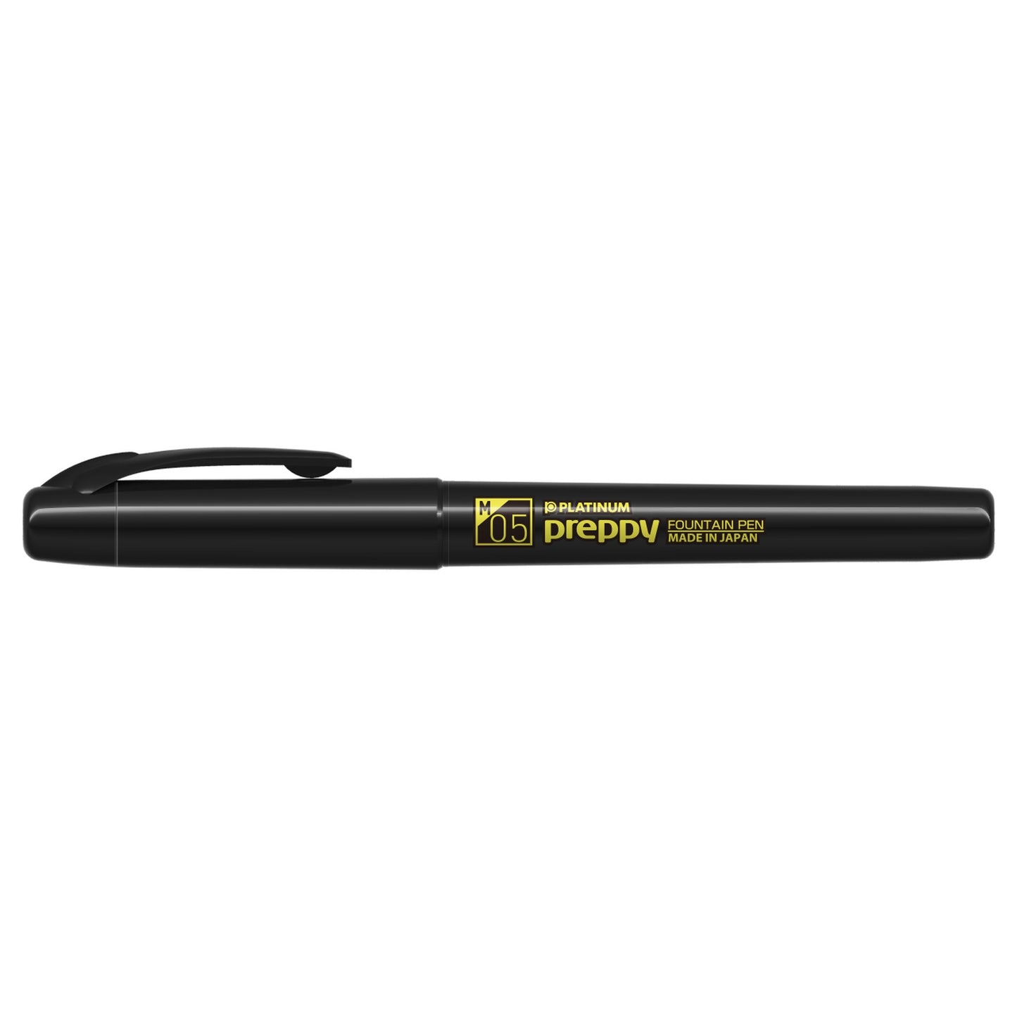 Capped Platinum Preppy Black Edition fountain pen with yellow Medium 05 marking