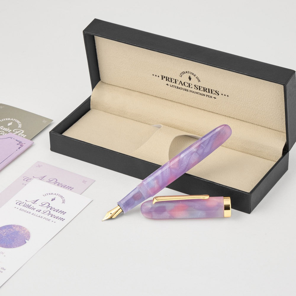 Wearingeul A Dream Within a Dream fountain pen with gold-colored trim in its open presentation box