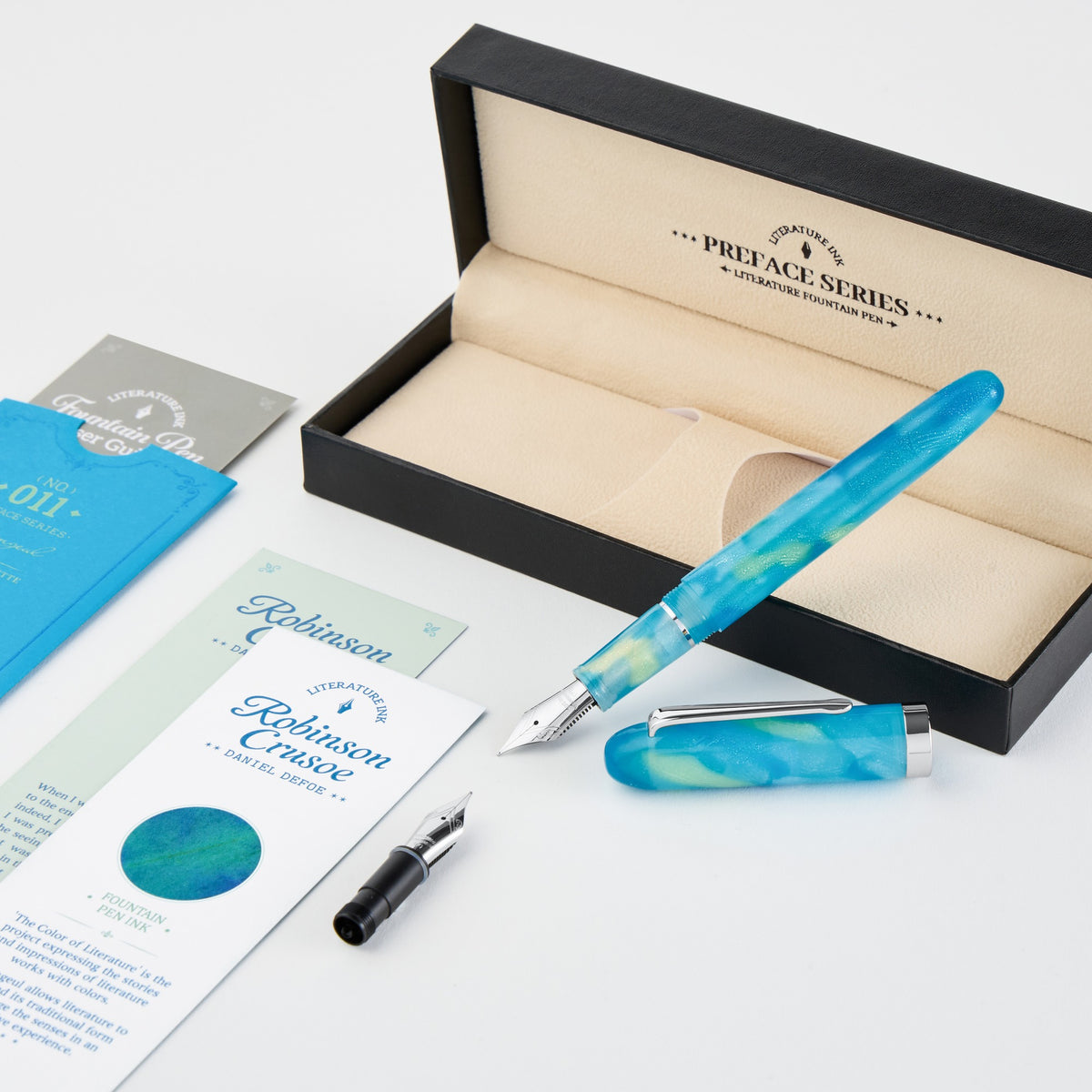 Wearingeul Robinson Crusoe fountain pen with open presentation box and extra interchangeable nib unit