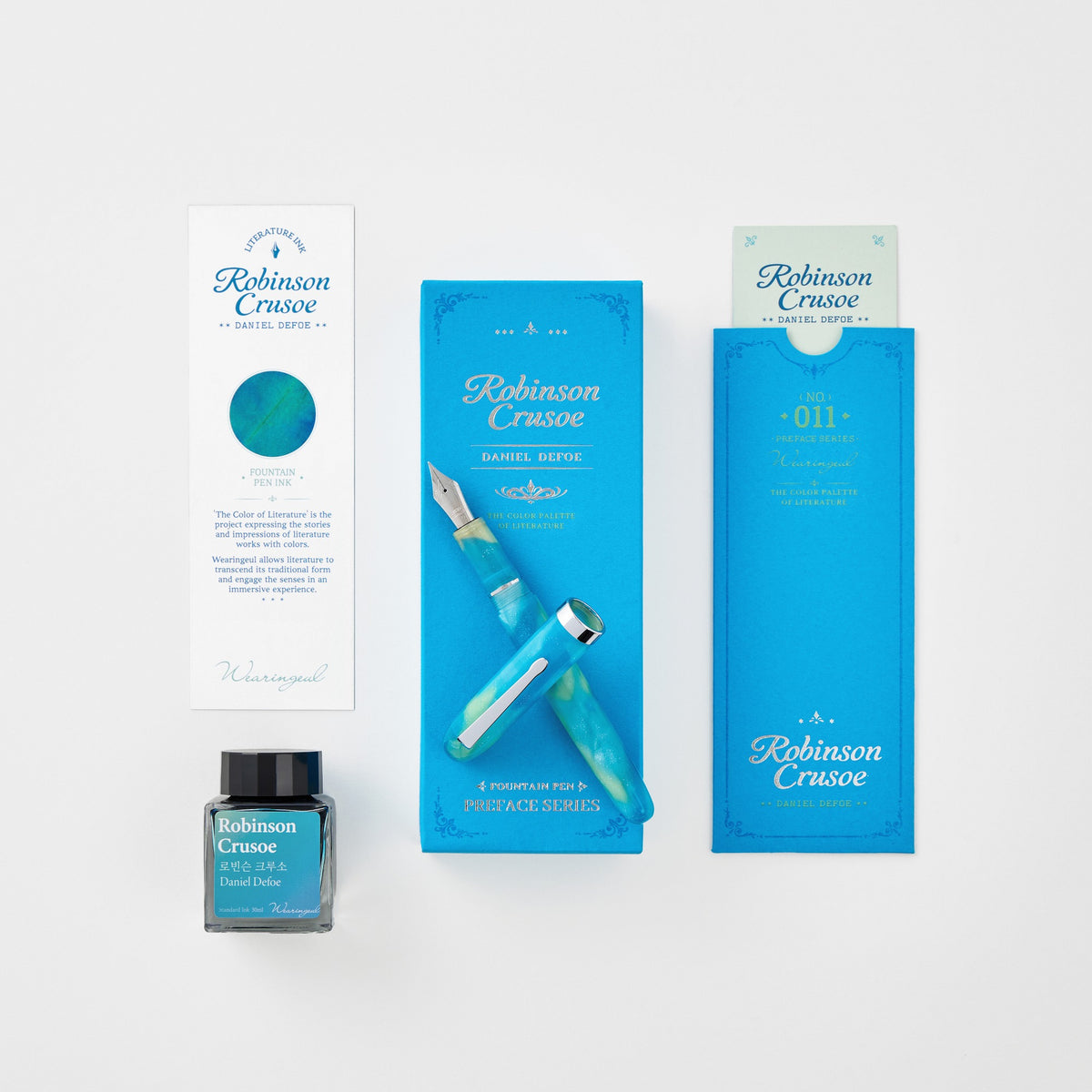 Wearingeul Robinson Crusoe fountain pen with blue packaging, literature cards, and separately sold ink